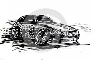 handmade black and white ink illustration of a speed car.