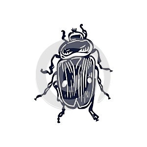 Handmade blockprint bug vector motif clipart in folkart scandi style. Simple monochrome linocut insect shapes with naive