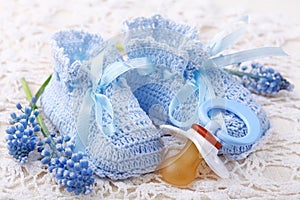 Handmade blue baby booties