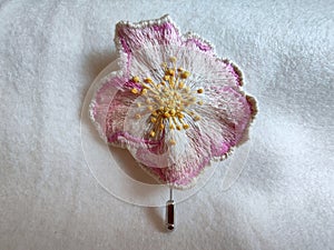 Handmade brooch embroidered with spring flowers - pink wild rose