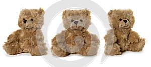 Handmade brown teddy bear on white background. Three position.