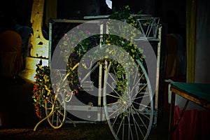 Handmade bycycle with baskets of flowers light focus on bycyle photo