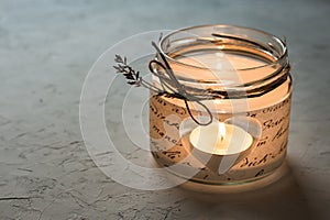 Handmade candle holder in a jar with paper decoupage, heart, burning tea light, Valentine