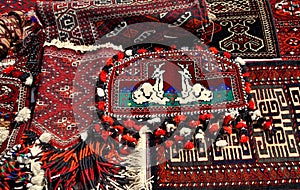 Handmade carpets with traditional ornament. Turkmenistan. Ashkhabad market