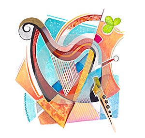 Handmade Celtic harp and country folk music instruments in a modern style colored with watercolors