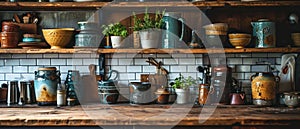 Handmade Ceramic Canisters on Kitchen Shelves - AI Generated