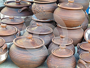 Handmade ceramic clay brown pottery, souvenirs at handicraft mar