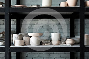 Handmade ceramic dishes on the rack.