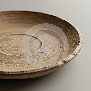 A handmade ceramic plate with a rustic, earthy appearance. The plate is round with a