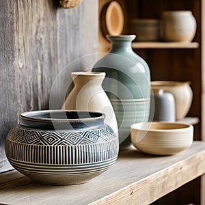 Handmade ceramic vases on the shelf in the rustic kitchen