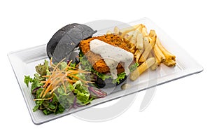 Handmade Cheese Patty burger with fries and salad served in dish isolated on plain white background side view of fastfood