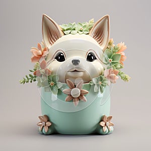 Handmade Chihuahua Figurine In Light Turquoise And Beige Planter