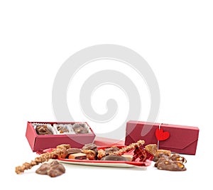 Handmade chocolate with love on white background