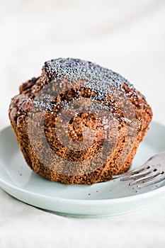 Handmade chocolate muffins with carob, honey, raisins and poppy