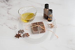 Handmade chocolate soap with olive oil and star anise