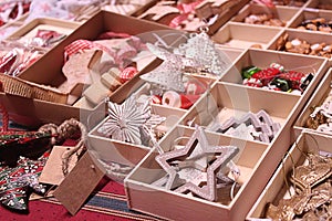 Handmade Christmas decorations exposed on advent market stall