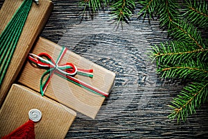 Handmade Christmas gift box pine tree branch holidays concept