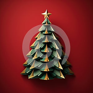 Handmade Christmas tree, folded paper cut style, Happy New year and merry Christmas greeting