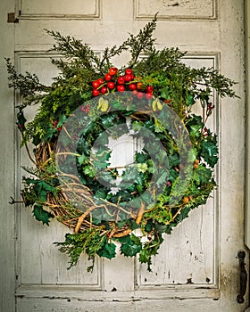 Handmade Christmas Wreath on Rustic Door