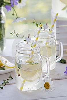 Handmade citrus limonade in jug with sliced lemon and mint decorate thyme and with flowers at the village