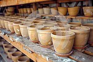 Handmade clay pots presented on shelves in market. Clay crockery exudes character demonstrating craft skills of maker