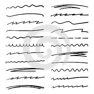 Handmade collection set of underline strokes in marker brush doodle style. Various Shapes. Vector graphic design