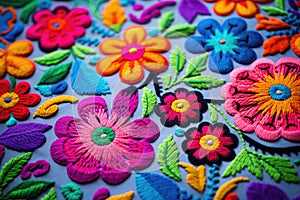 Handmade colorful flower embroidery on fabric background. Close up, ÃÂolorful embroidered decorative textile from