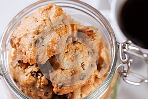 Handmade cookies in widemouthed glass jar close up