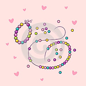 Handmade craft beads creation bijouterie vector illustration isolated on pink background with hearts