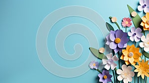 handmade crafted paper flowers on blue color background with copy space