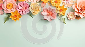 handmade crafted paper flowers on green pastel color background with copy space