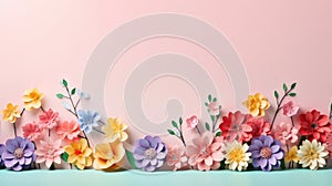 handmade crafted paper flowers on pink and turquois pastel color background with copy space