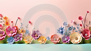 handmade crafted paper flowers on pink and turquois pastel color background with copy space