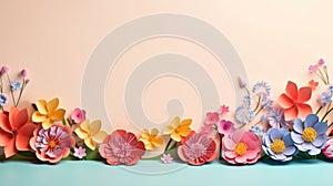 handmade crafted paper flowers on pink and turquois pastel color background with copy space