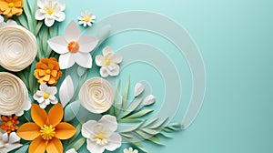handmade crafted paper flowers on turquois blue pastel color background with copy space