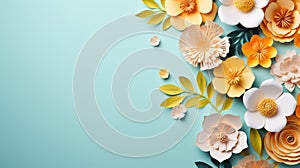 handmade crafted paper flowers on turquois blue pastel color background with copy space