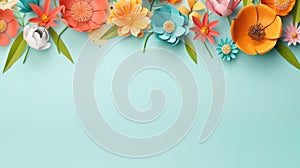 handmade crafted paper flowers on turquois blue pastel color background with copy space