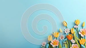 handmade crafted paper flowers on turquois blue pastel color background with copy space