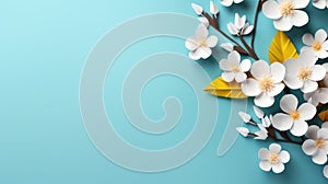 handmade crafted paper flowers on turquois blue pastel color background with copy space