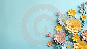 handmade crafted paper flowers on turquois blue pastel color background with copy space