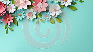 handmade crafted paper flowers on turquois blue pastel color background with copy space