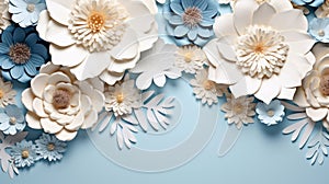 handmade crafted paper spring flowers on blue pastel color background with copy space