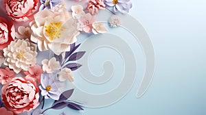 handmade crafted paper spring flowers on blue pastel color background with copy space
