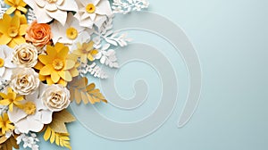 handmade crafted paper spring flowers on blue pastel color background with copy space