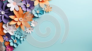 handmade crafted paper spring flowers on blue pastel color background with copy space