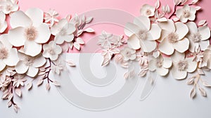 handmade crafted paper spring flowers on pink pastel color background with copy space