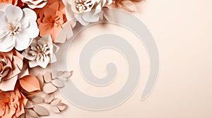 handmade crafted paper spring flowers on pink pastel color background with copy space