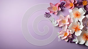 handmade crafted paper spring flowers on purple color background with copy space