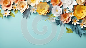 handmade crafted paper spring flowers on turquois blue pastel color background with copy space
