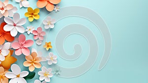 handmade crafted paper spring flowers on turquois blue pastel color background with copy space